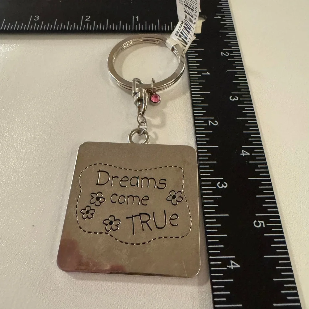 Dreams Come True Keychain Silver Tone Floral Butterfly Charm Pink Rhinestone‎